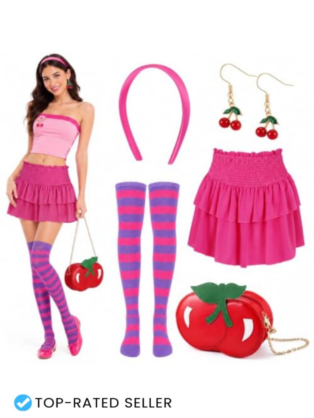 5 Pc Cherry Costume Accessory Set Cosplay Dress Socks Bag